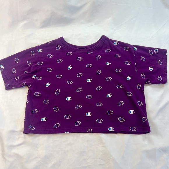 Champion T-Shirt Women's Large Short Sleeve‎ Crop Top Purple All Over Logo Print - Picture 1 of 8